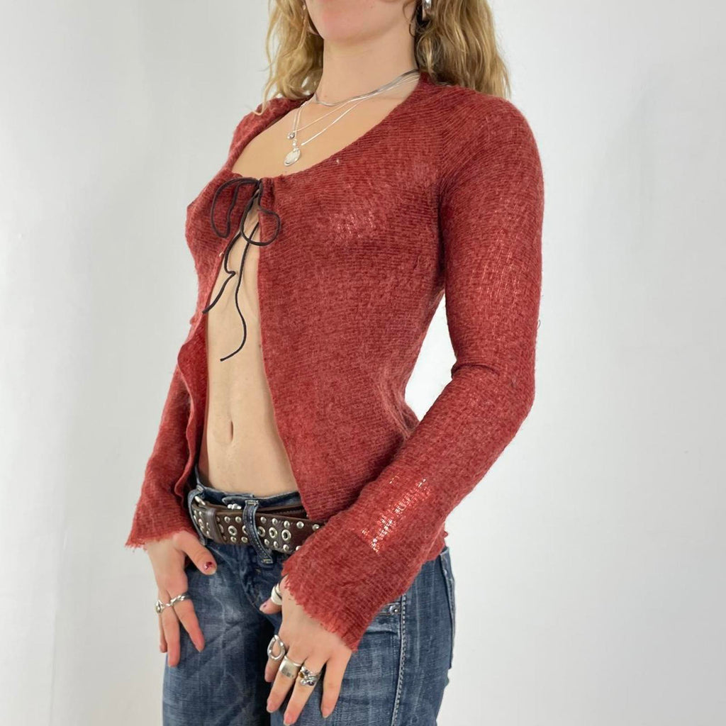 00's burnt orange long sleeve cardigan tie up top