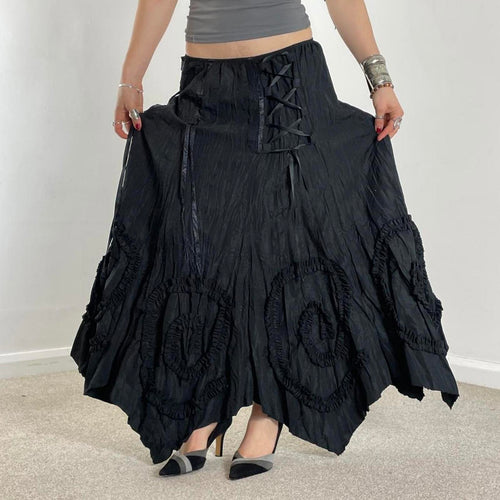 Avant Garde Vintage black full length maxi skirt with lace cross details
