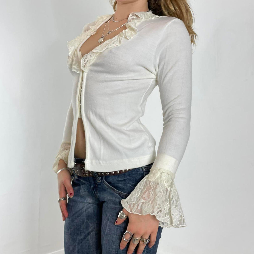 Vintage white long sleeve top with eye hook and frill lace flared sleeves