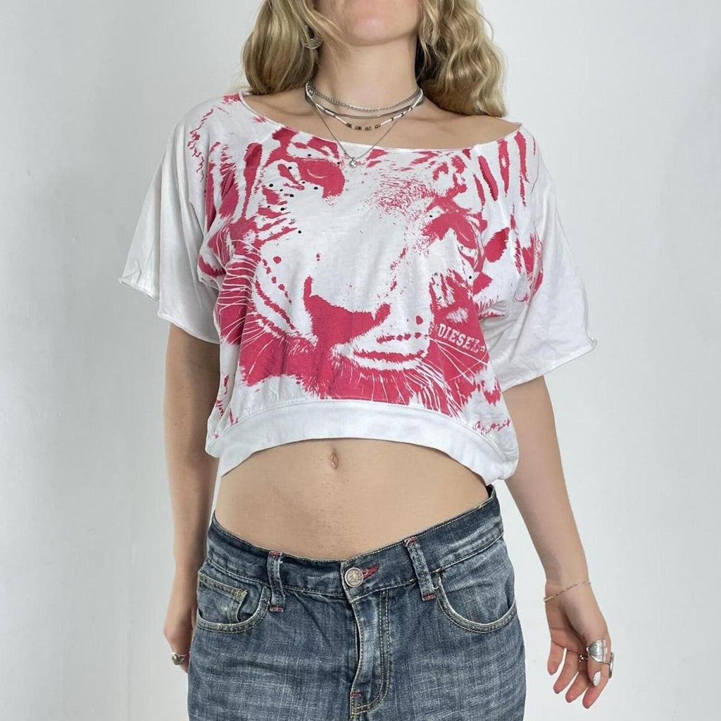 DIESEL baggy off the shoulder white and red graphic lion top