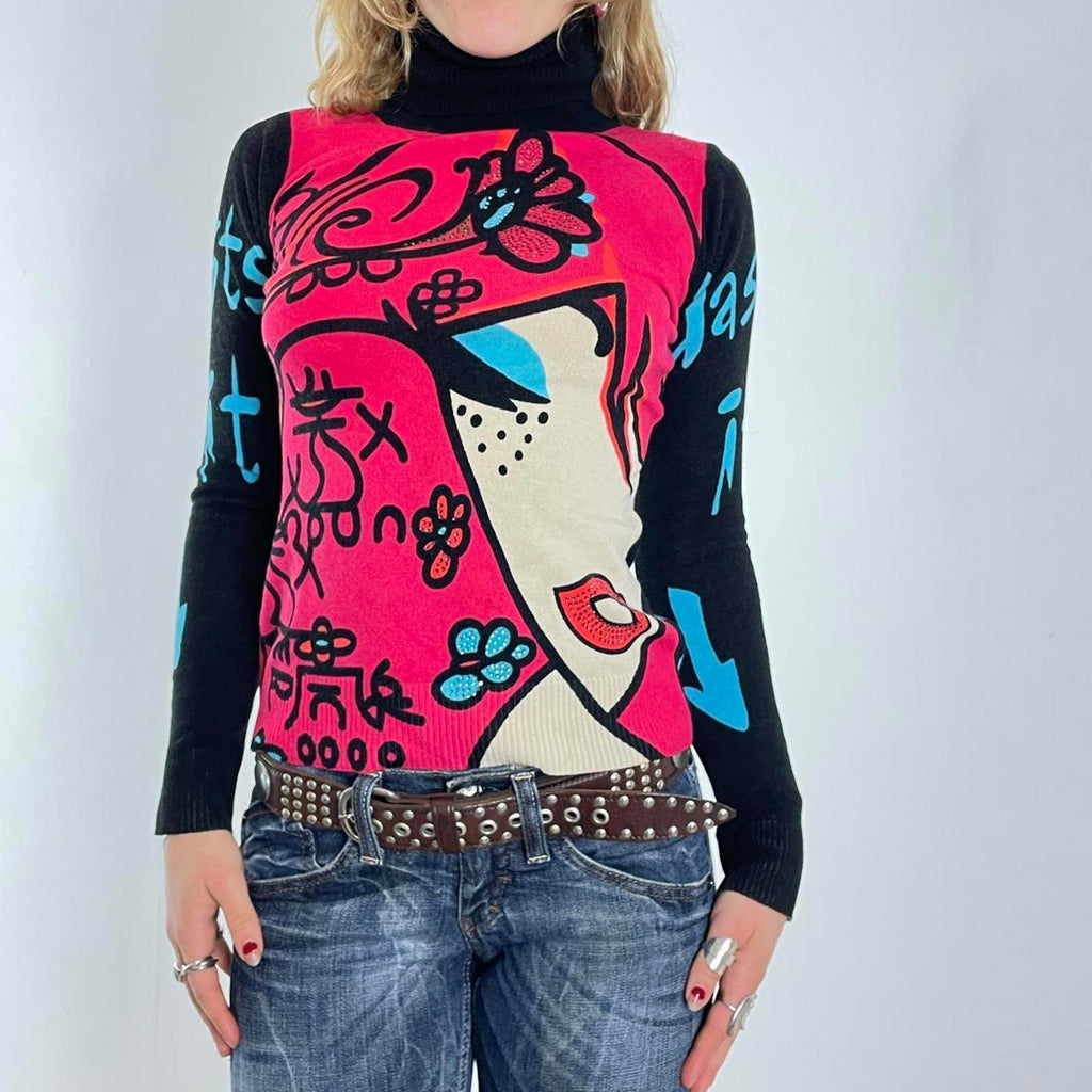 Vintage Graphic face words turtle neck long sleeve top