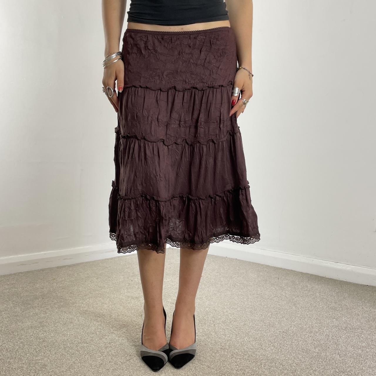 00's brown teird midi skirt with lace trimming