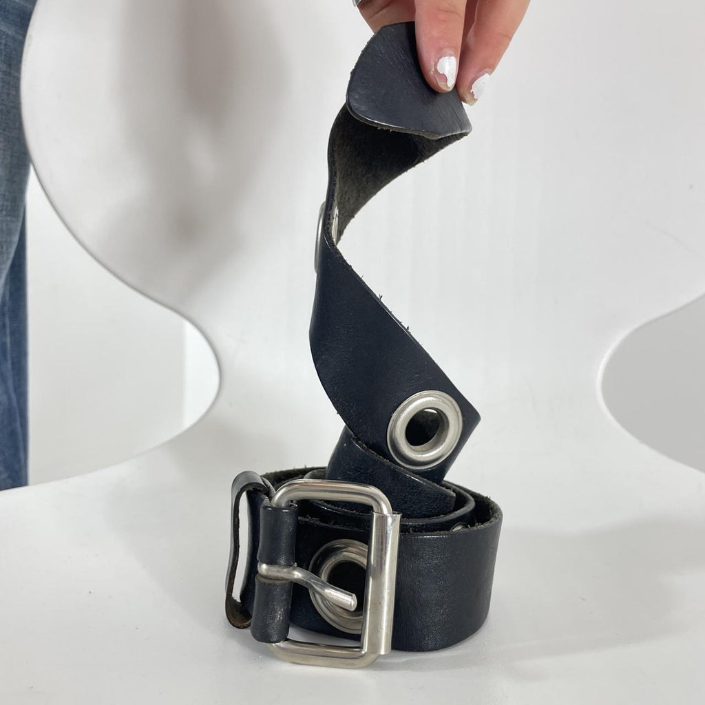 Black leather belts with silver grommets