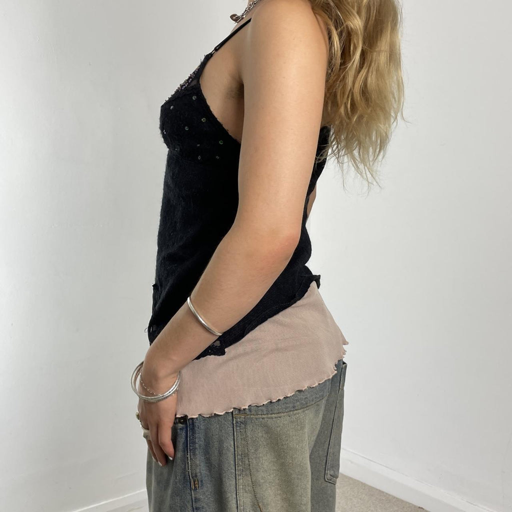 Fairycore wool black and tan lace sequin top