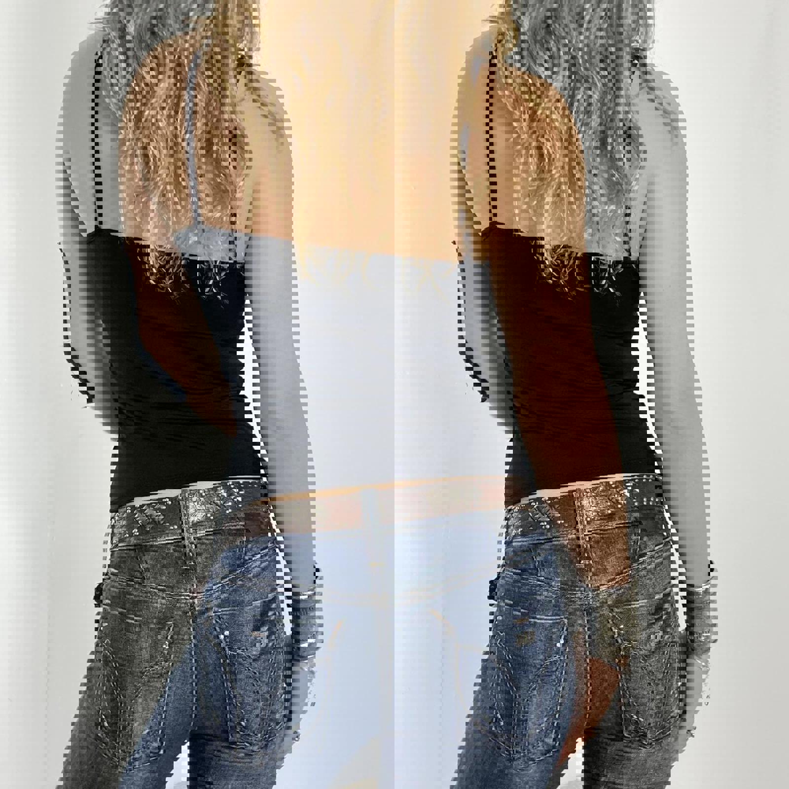 00's black cami with sequined cups and a bow under the bust