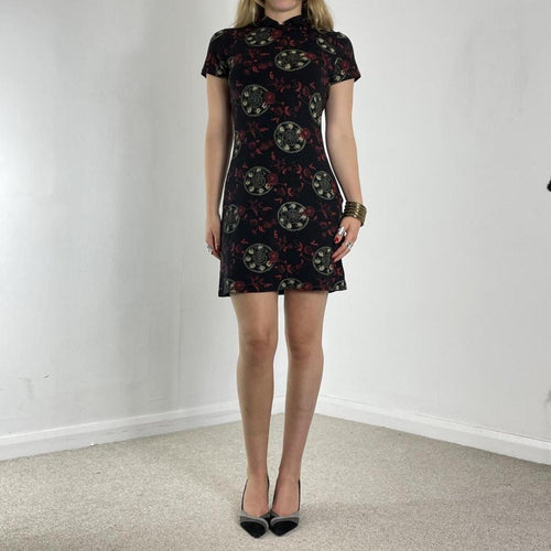 Black high-neck midi dress with print