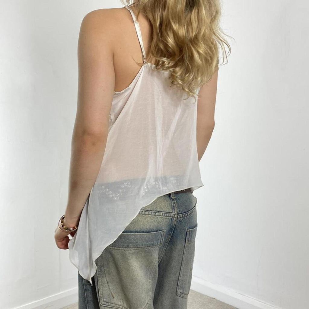 Vintage white mesh v neck flowy asymetrical top with a tie in the middle