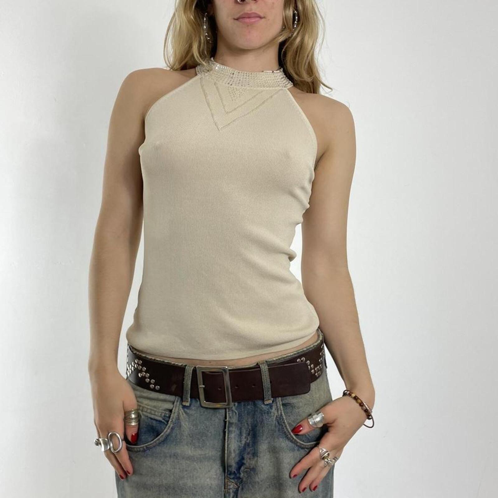 Beige fitted ribbed halter neck top with rhinestones