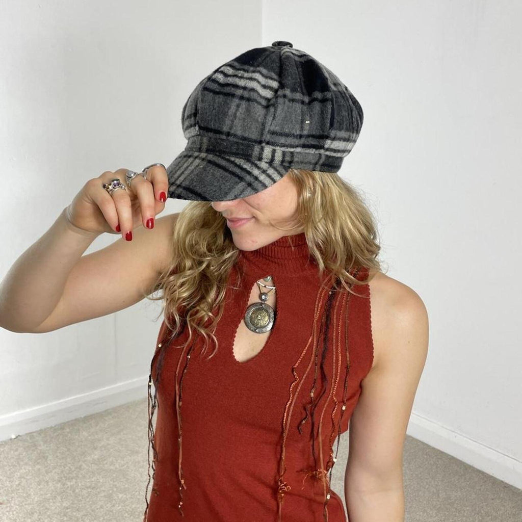 Checked grey and white flat cap hat