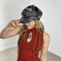 Checked grey and white flat cap hat