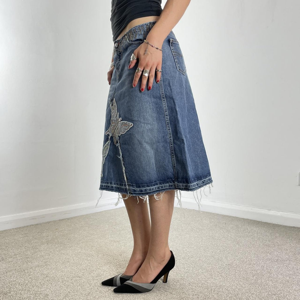 Vintage denim midi embroided butterfly raw hem skirt