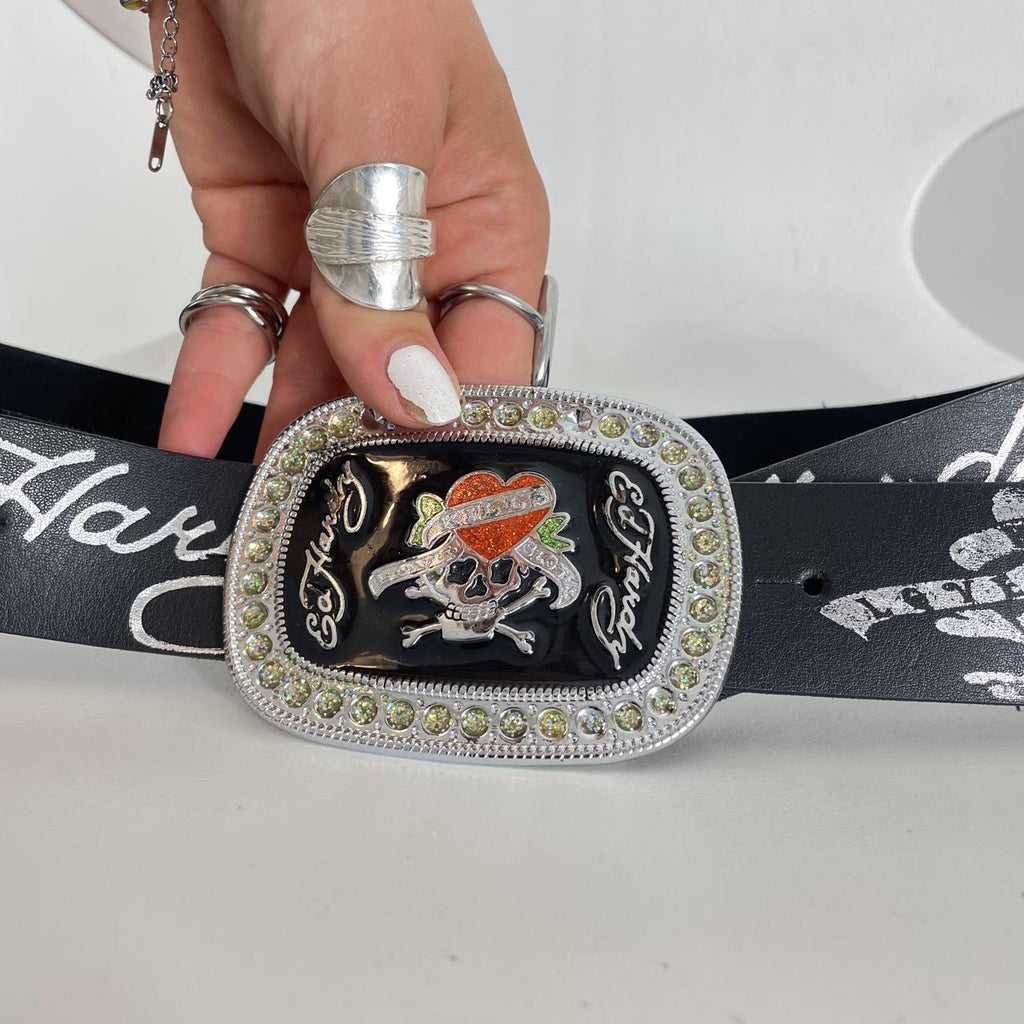Ed hardy plated leather belt with silver words