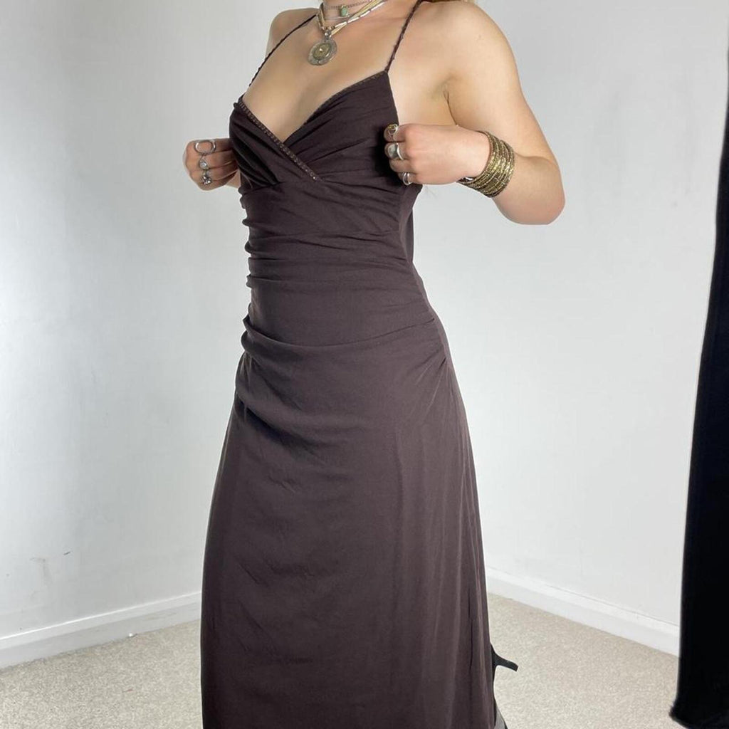Vintage brown fitted mesh midi dress with sequin embellishments