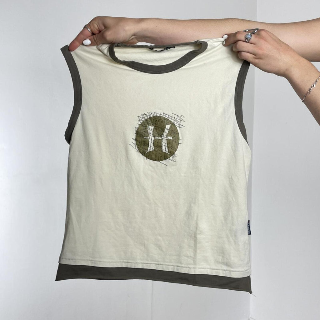 Tan and green graphic double layer tank top