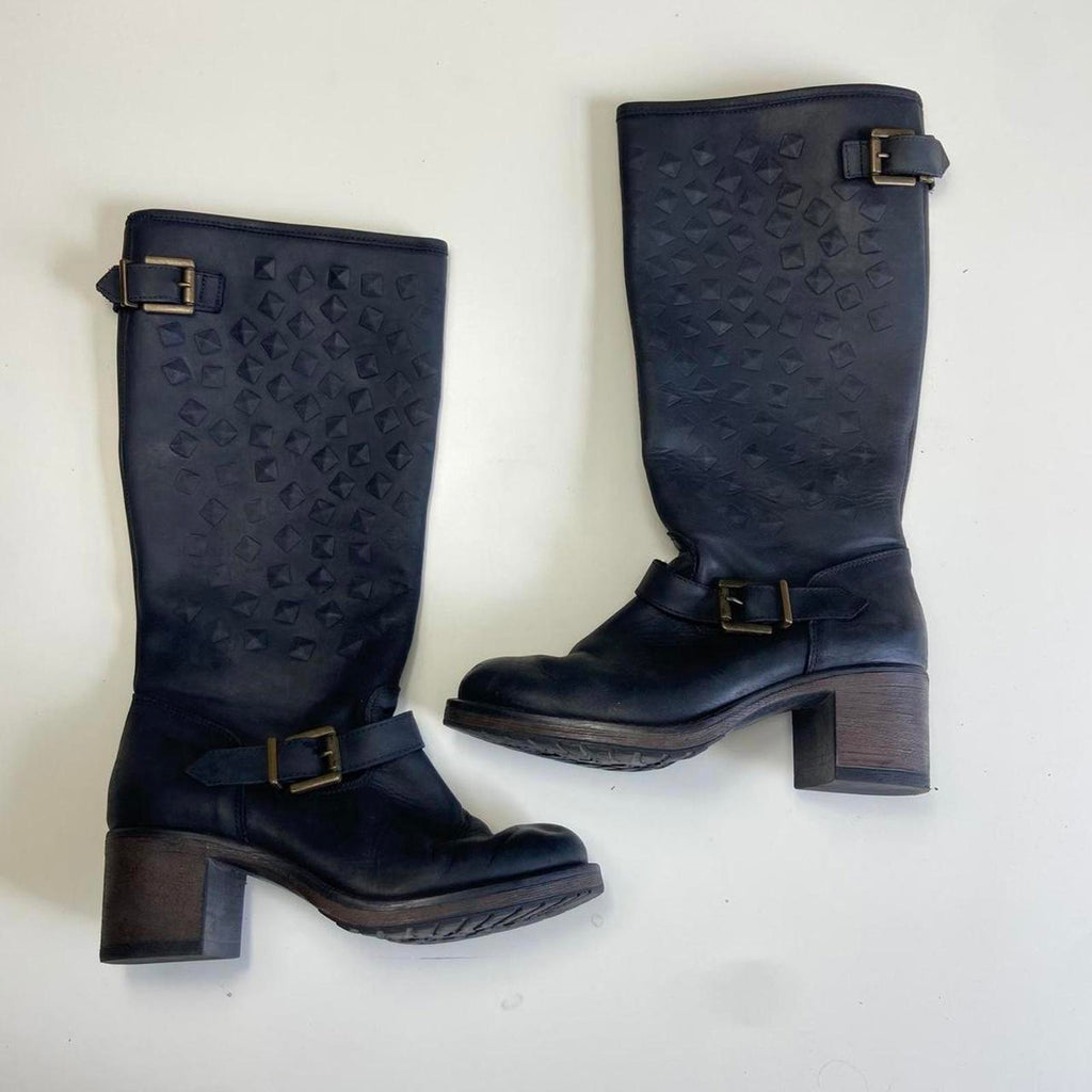 Black leather knee-high boots with buckles and studs!