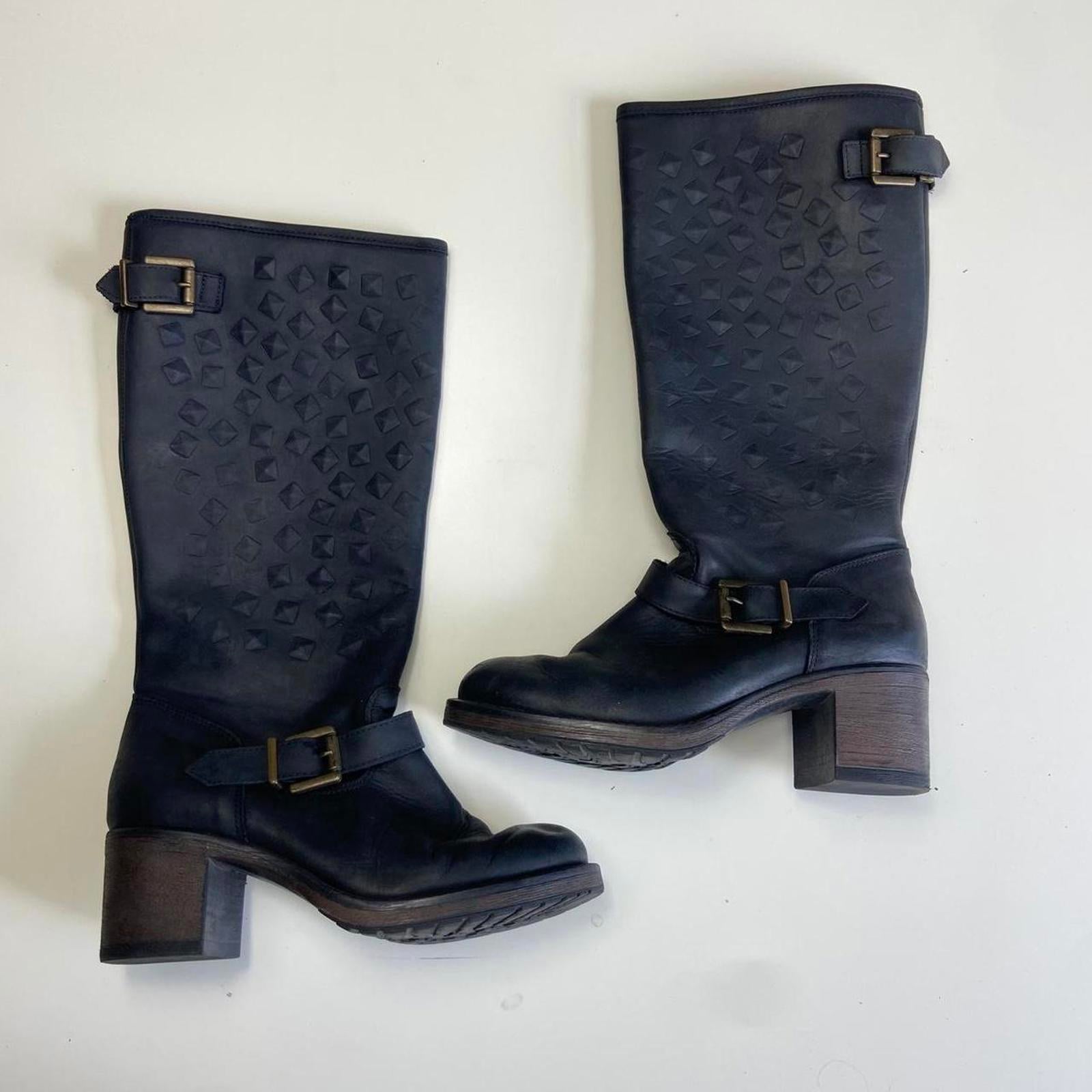 Black leather knee-high boots with buckles and studs!