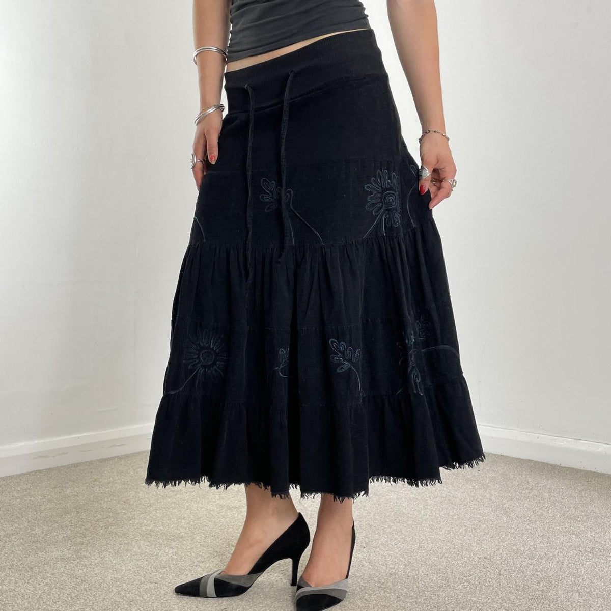 Vintage full length teired black cordorouy embroided skirt