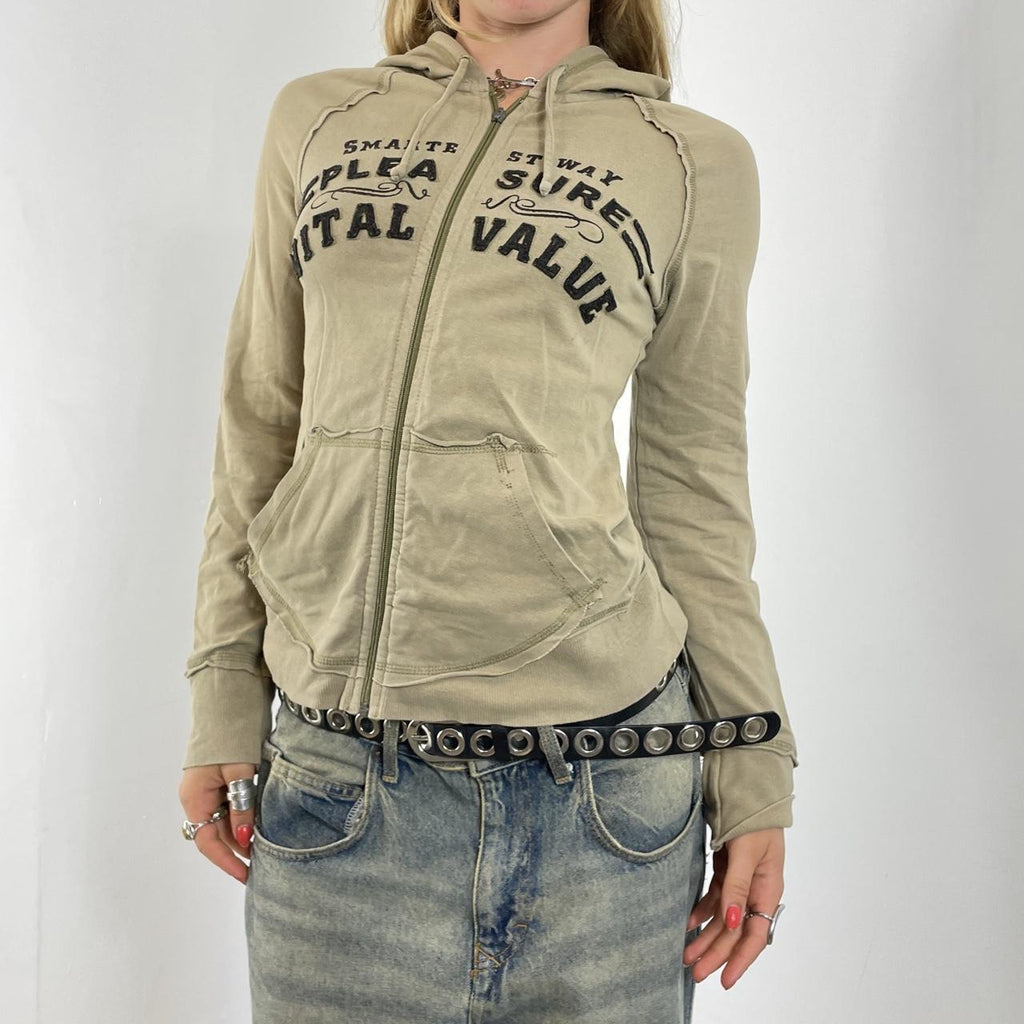 Graphic spell out khaki zip up jumper