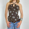 Y2k brown patterend cross/ tie up cammi top