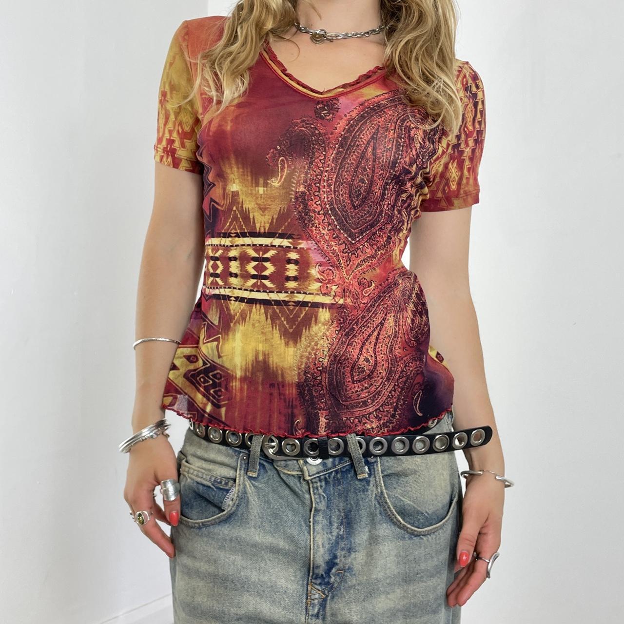 Mesh vintage red and multi coloured short sleeve top