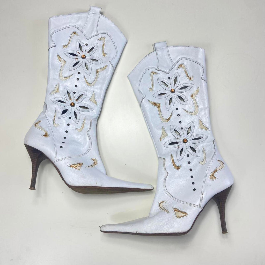 Vintage white patterned boho gem embelished heeled boots.