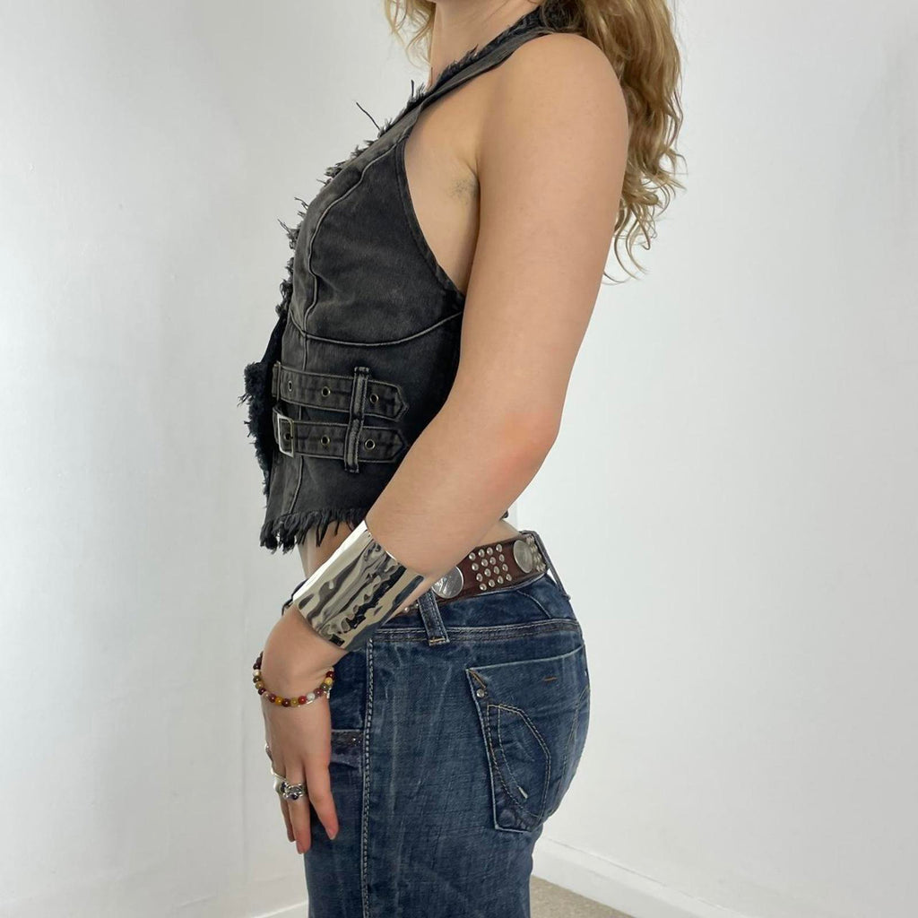 Grunge vintage halter neck raw hem waistcoat, with buckles and buttons in the middle