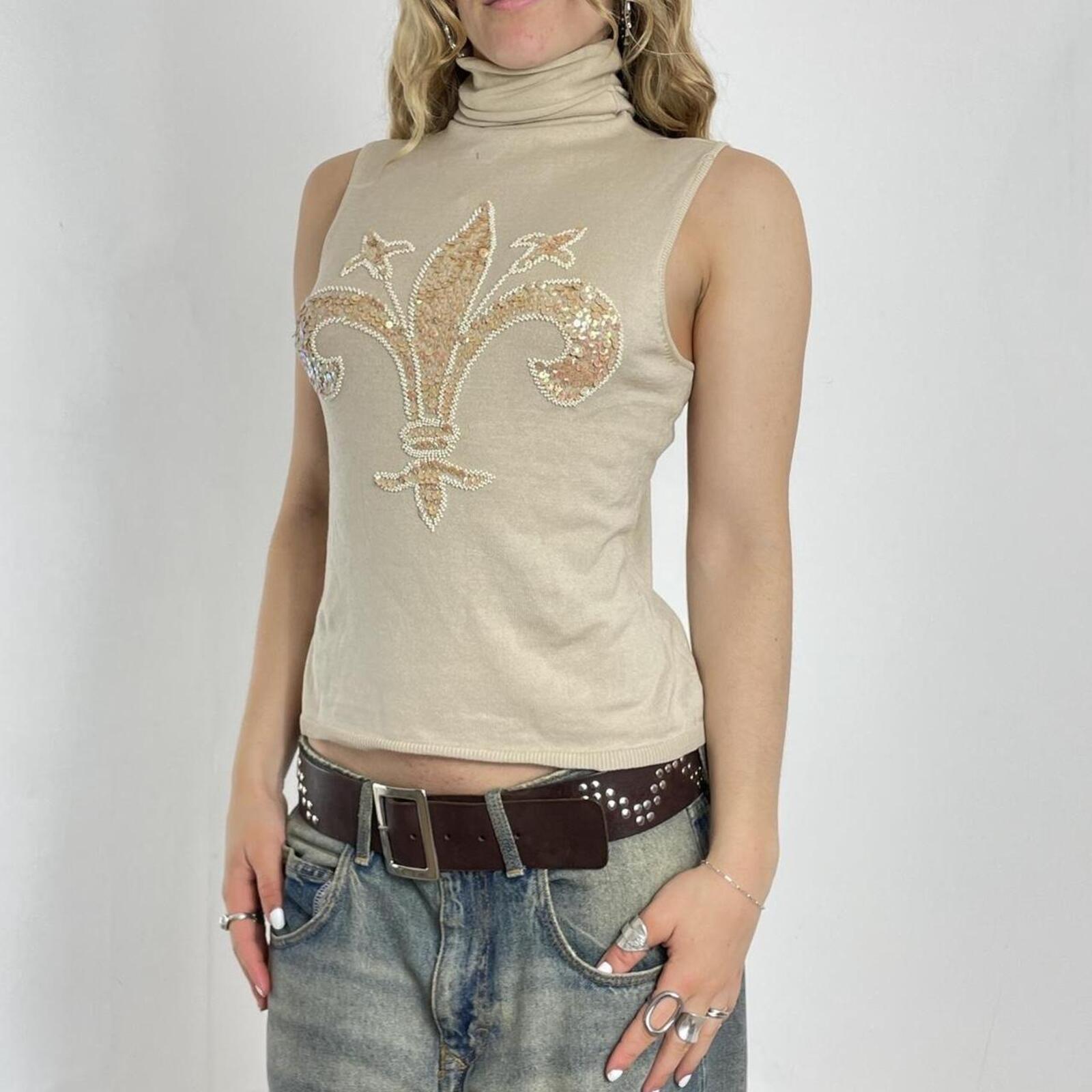 Cream beaded polar neck cotton top