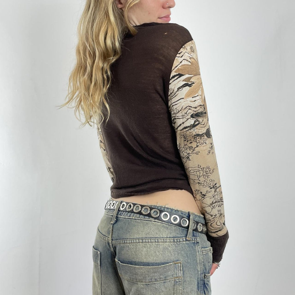 Brown and tan vintage patterned long sleeve top with wool sleeves