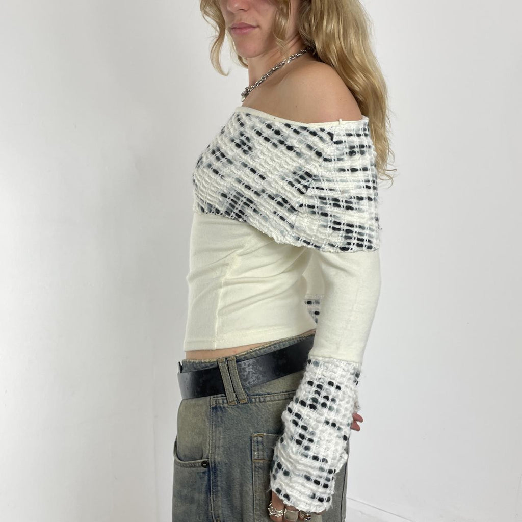White and black vintage off-the-shoulder knit long-sleeve top