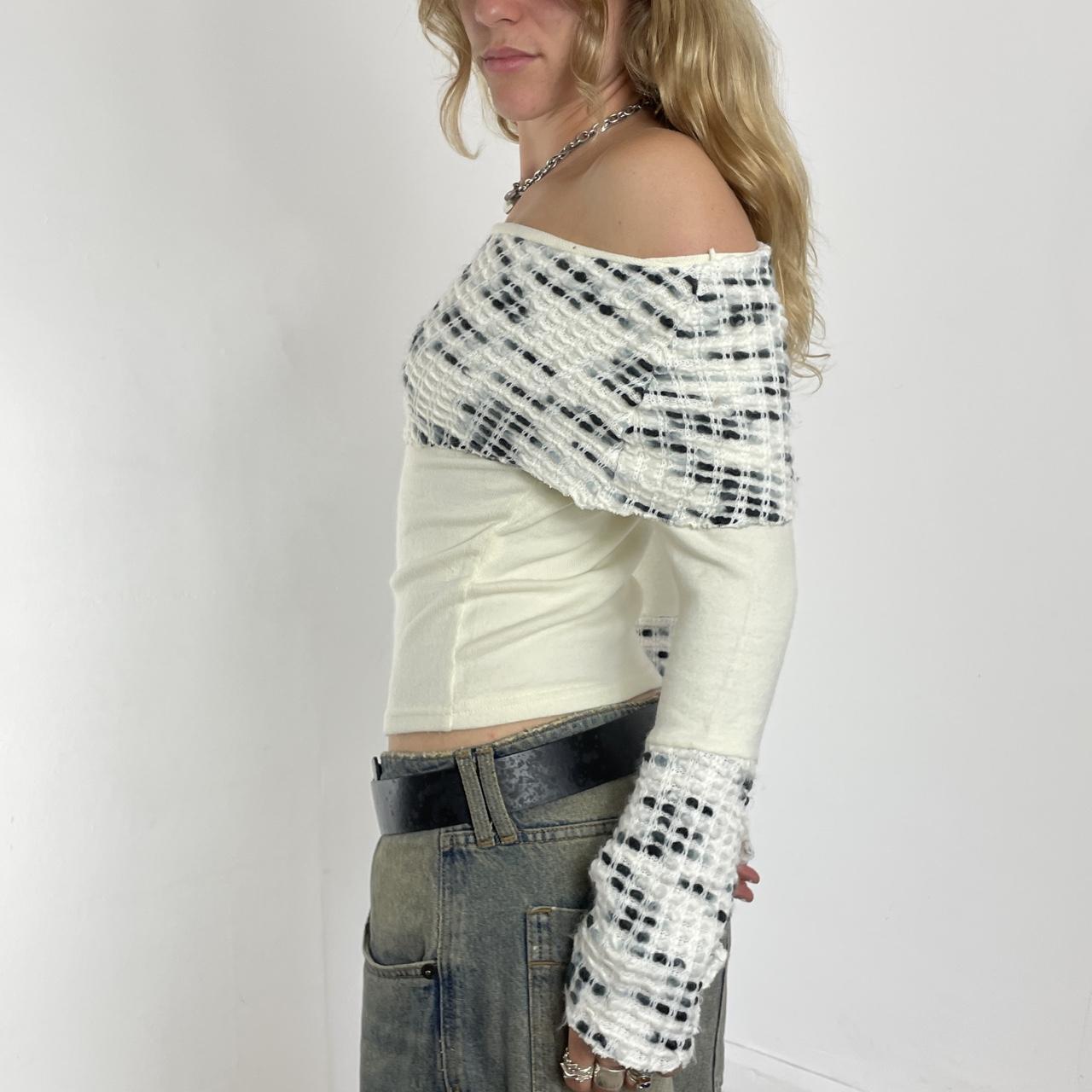 White and black vintage off-the-shoulder knit long-sleeve top