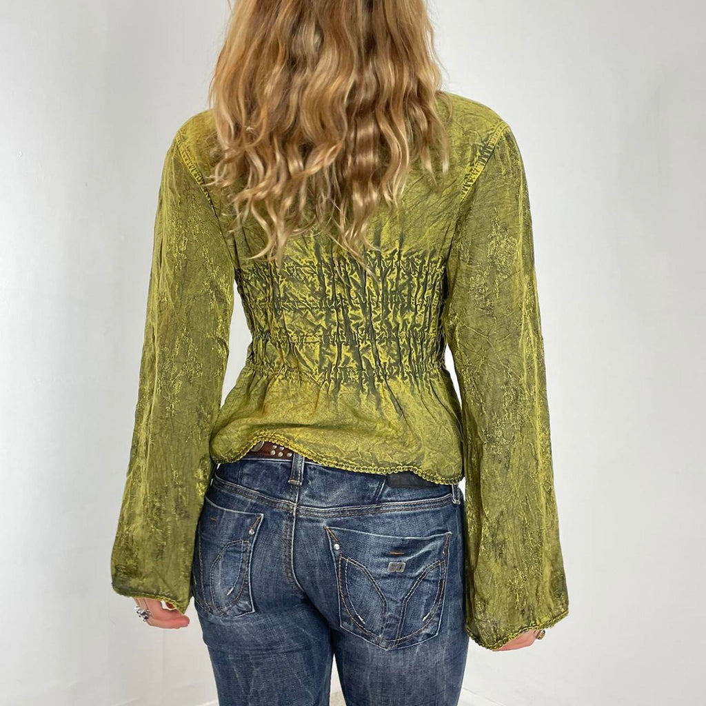 Vintage kahki green flared sleeve embelished whimsical lace up top
