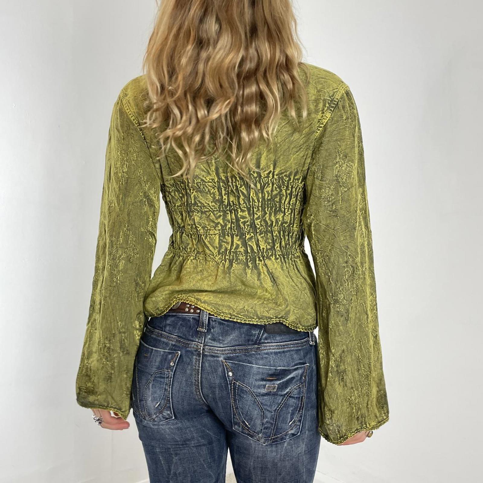 Vintage kahki green flared sleeve embelished whimsical lace up top