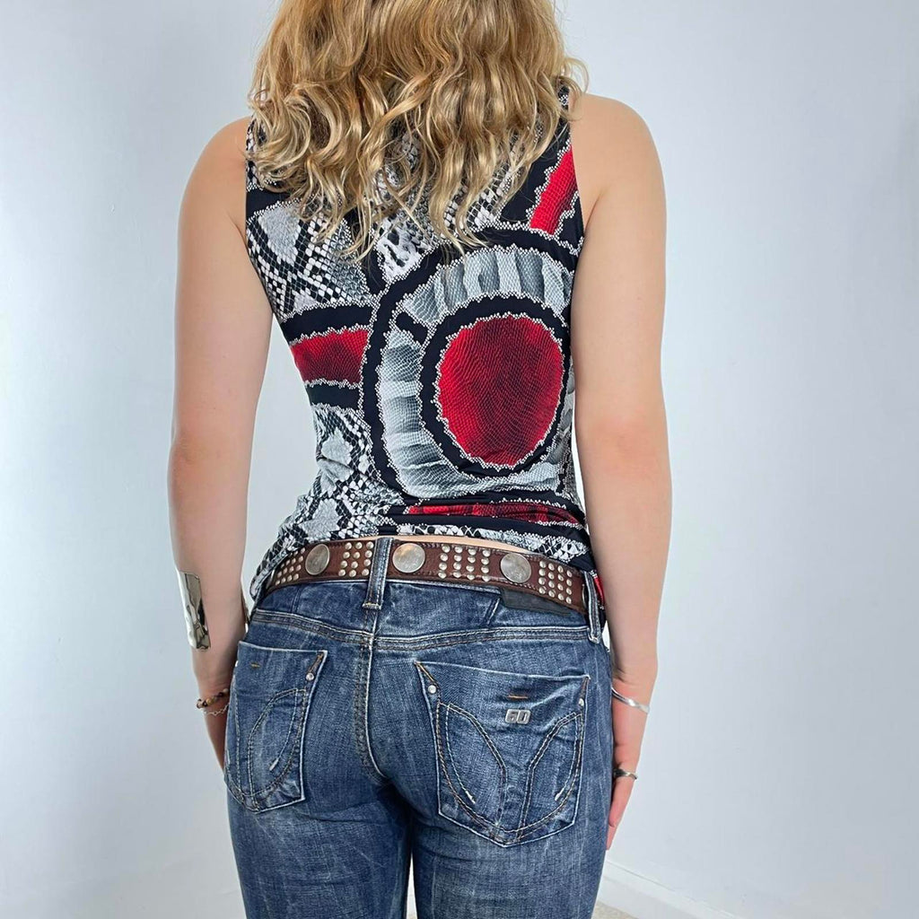 Vintage black and red snake print multi-layered halterneck top