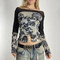 Mesh grey/bluish patterned boat-neck top