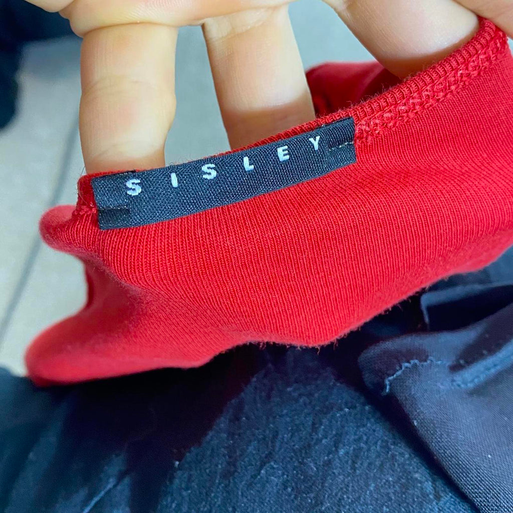 Y2K "sisley" red long sleeve glittery silver spell out low cut top