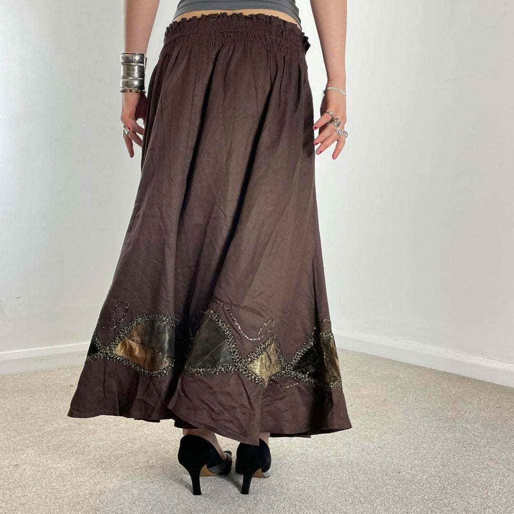 Vintage brown full length maxi skirt with embelished and embroided details across the hem