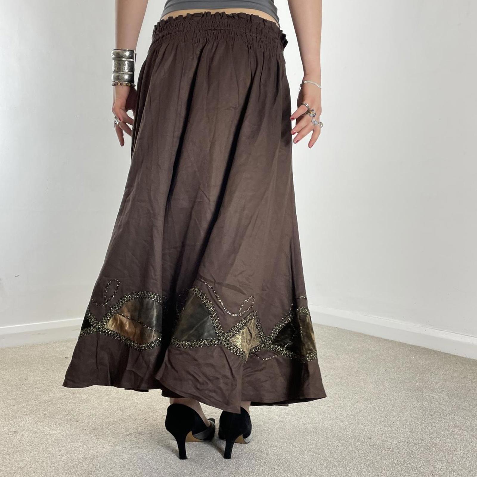 Vintage brown full length maxi skirt with embelished and embroided details across the hem