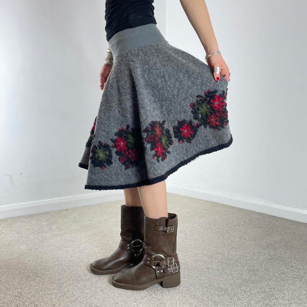 Grey floral wool circle skirt