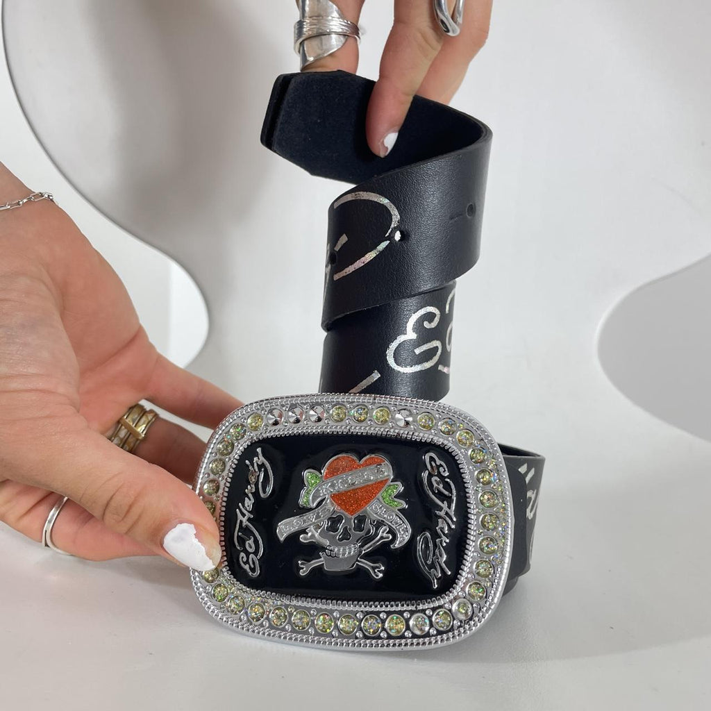 Ed hardy plated leather belt with silver words