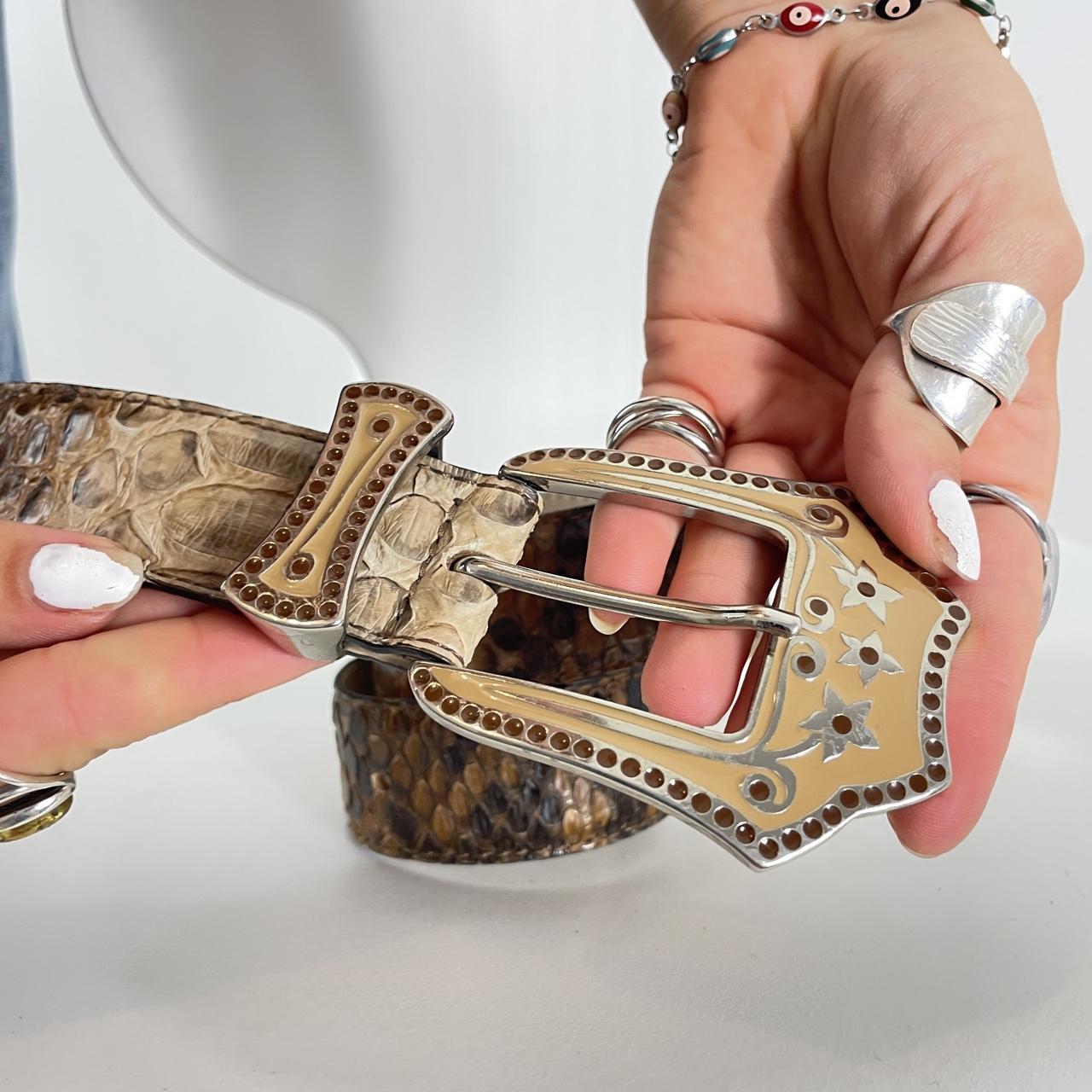Snakeprint vintage brown leather belt with a cream buckle