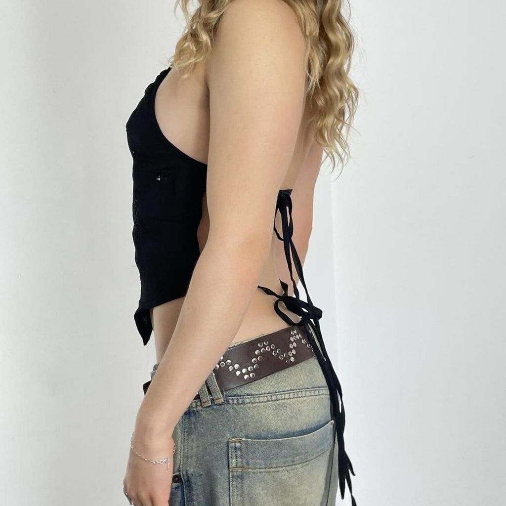 Tie back black sequinned festival top