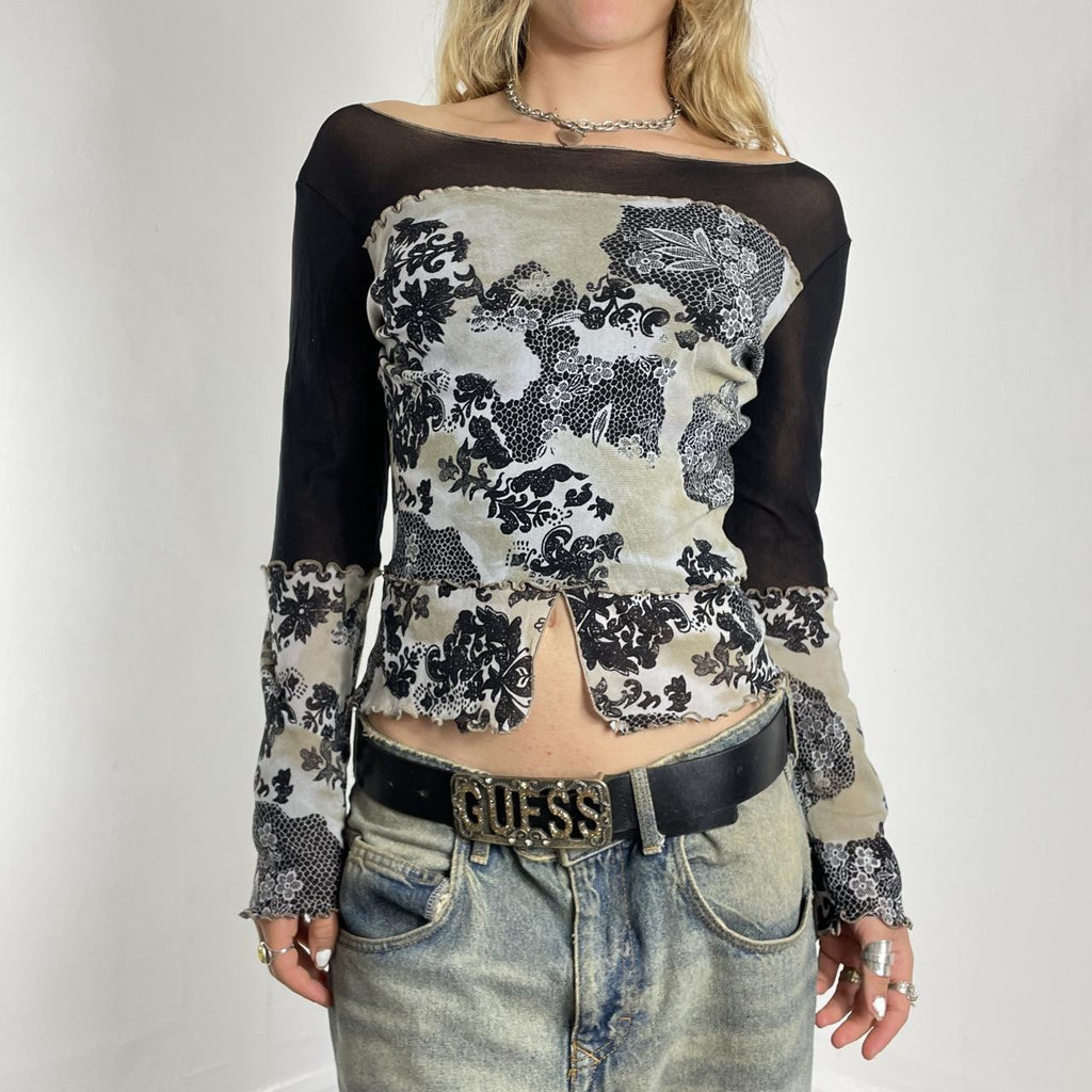 Mesh grey/bluish patterned boat-neck top