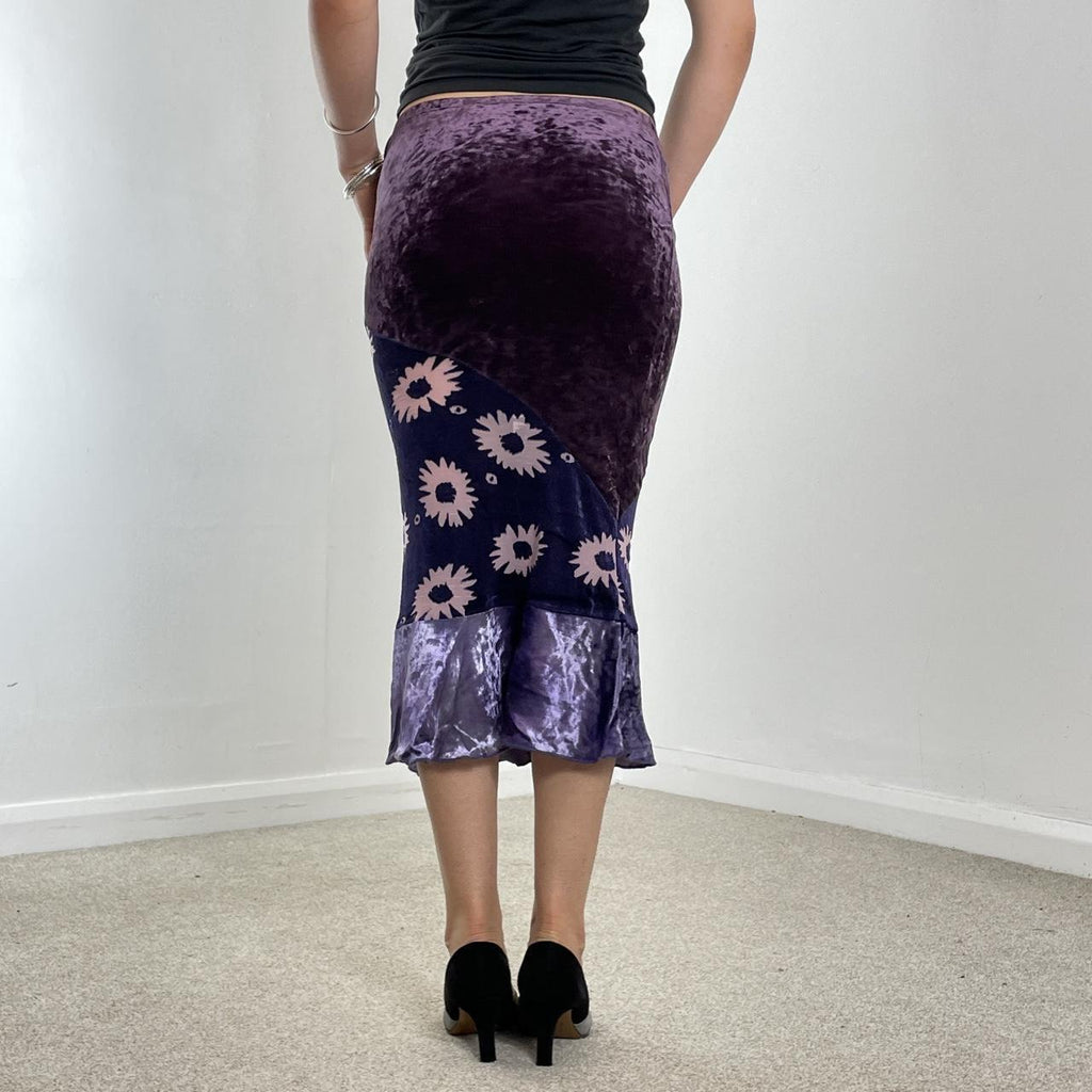 Purple velvet and floral midi skirt