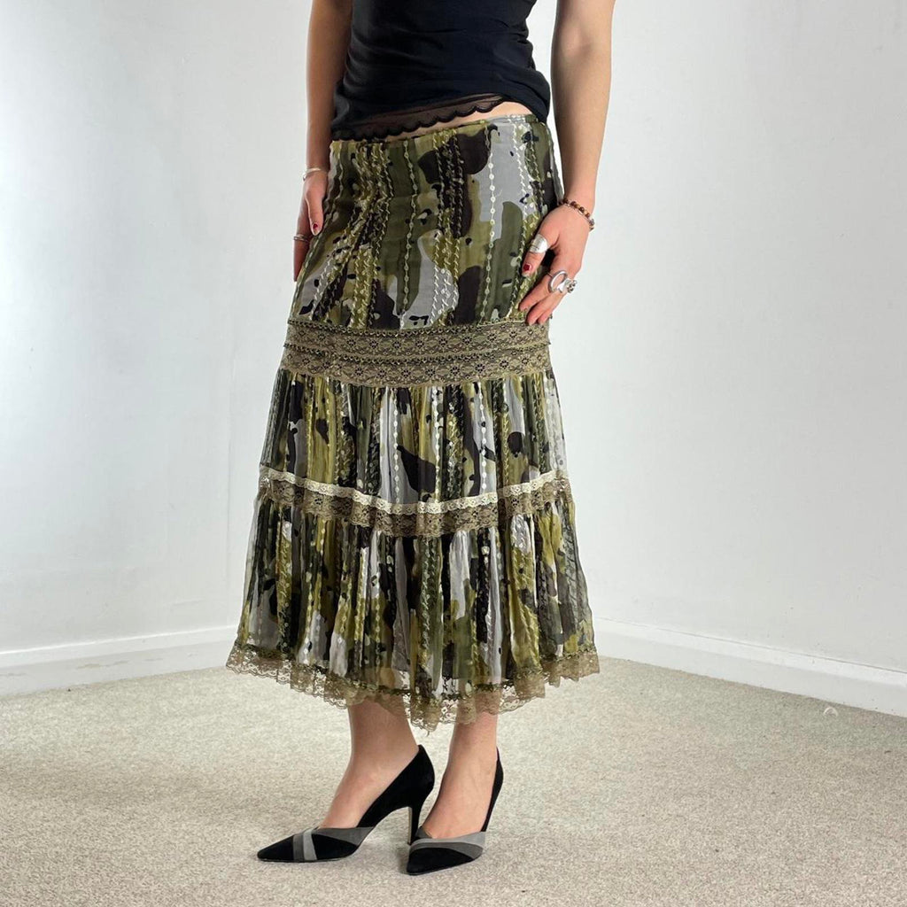 Bohemian green lace and mesh layred maxi skirt