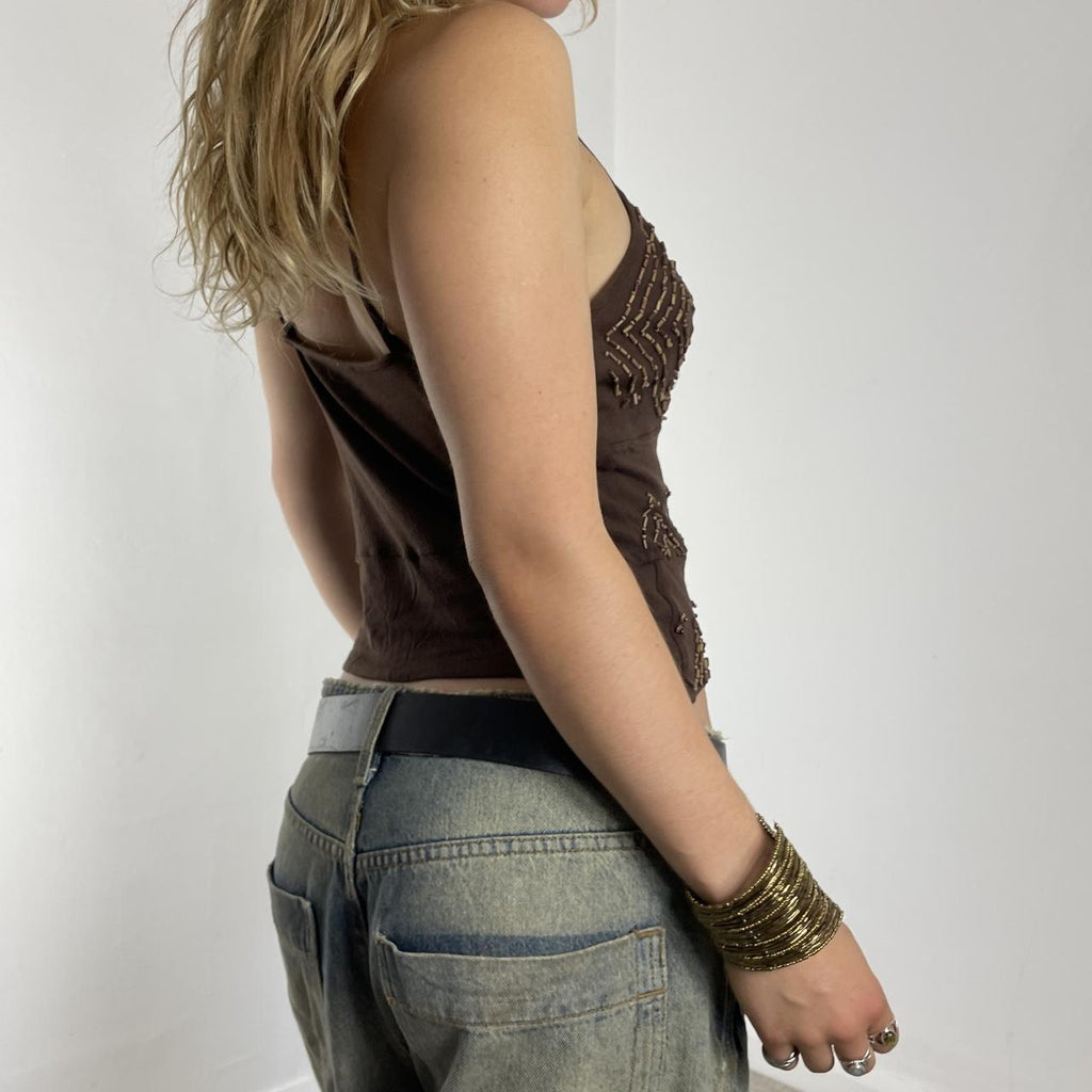 Brown and cream beaded cami top with noodle straps