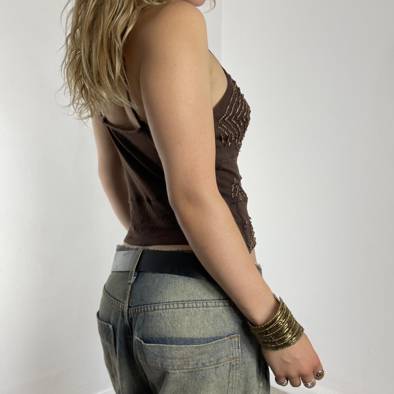 Brown and cream beaded cami top with noodle straps