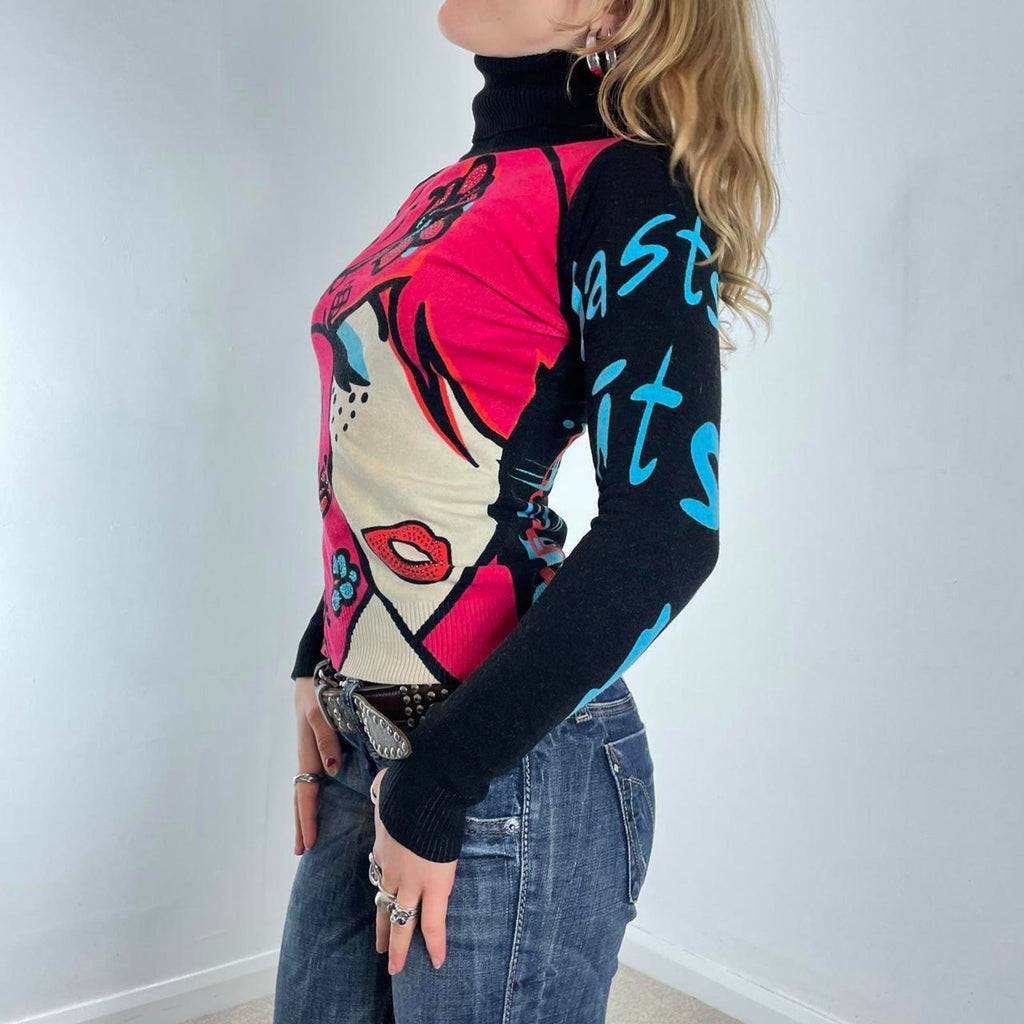 Vintage Graphic face words turtle neck long sleeve top