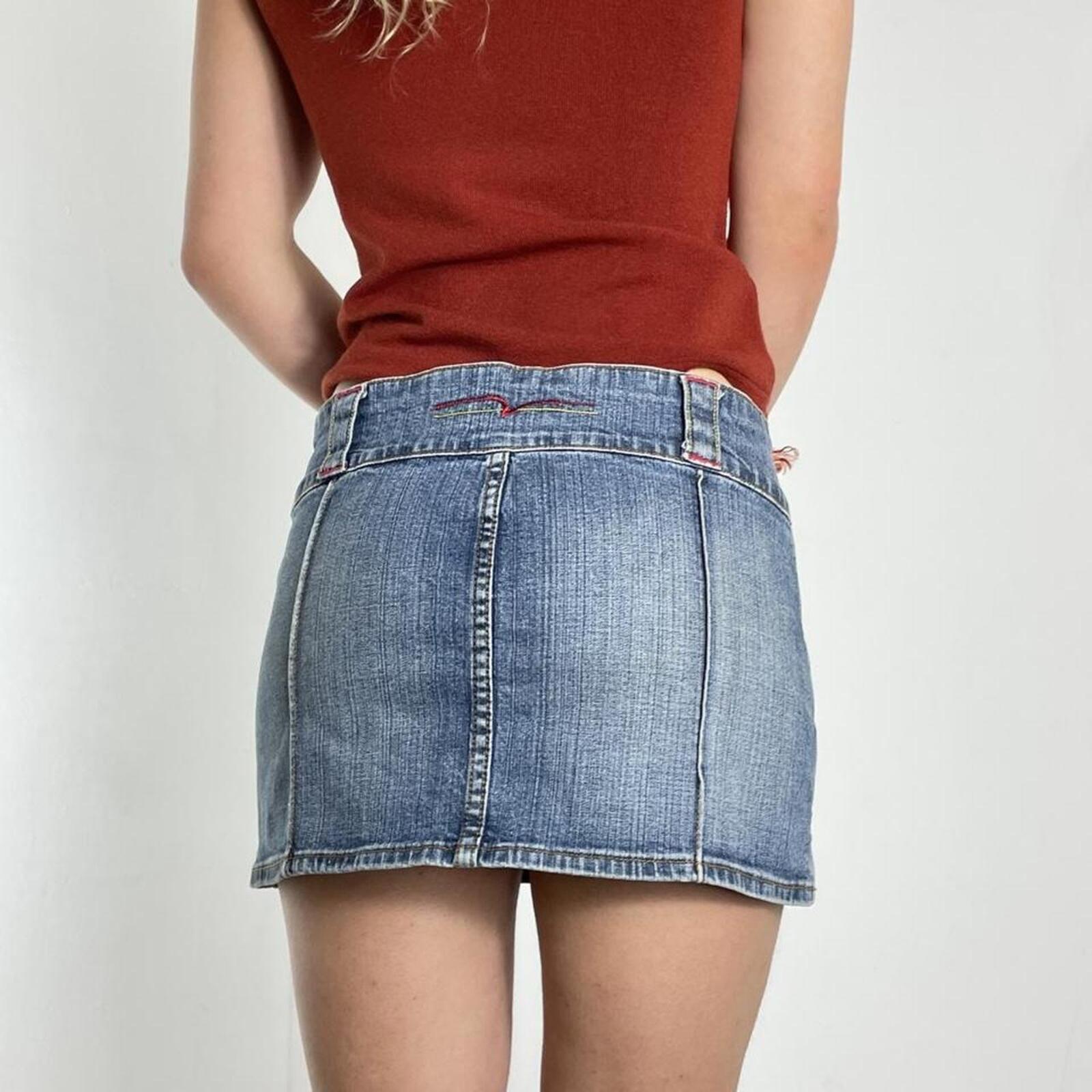 Y2K Denim low rise blue mini skirt with circlular silver buttons and contrast stitching