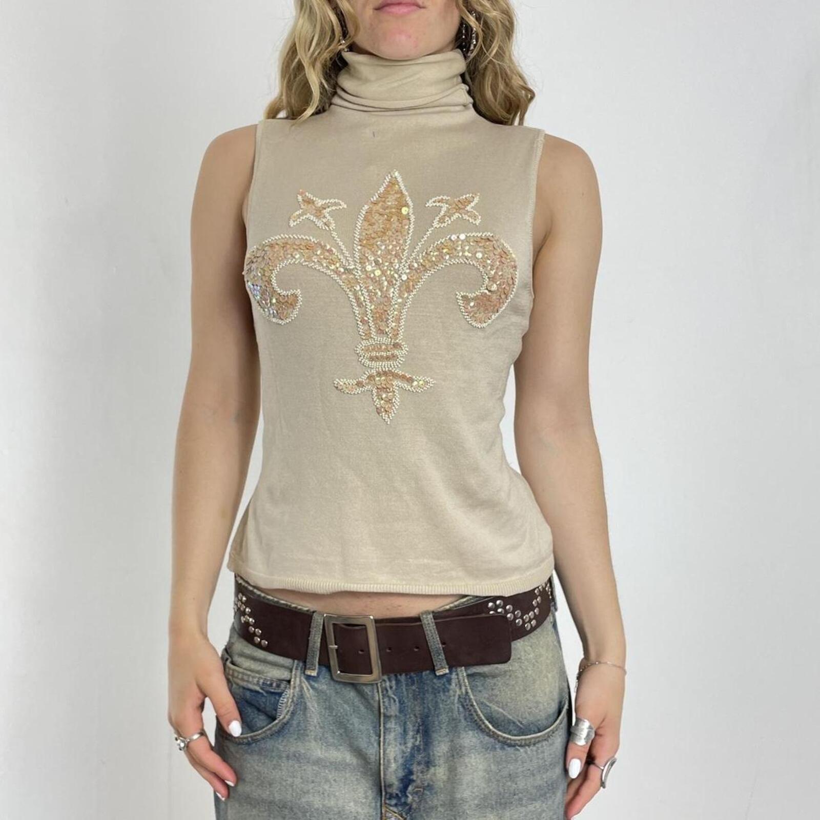 Cream beaded polar neck cotton top
