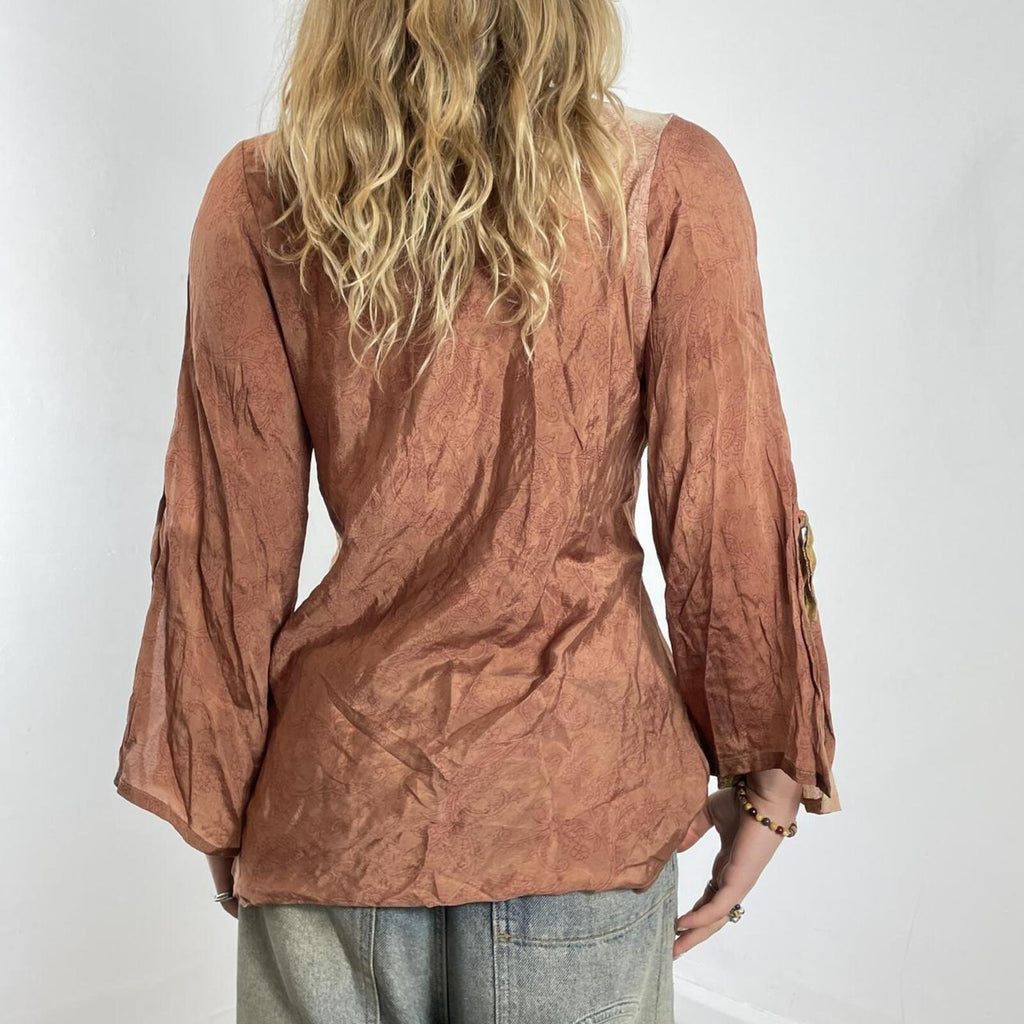 Brown bohemian silky long sleeve top